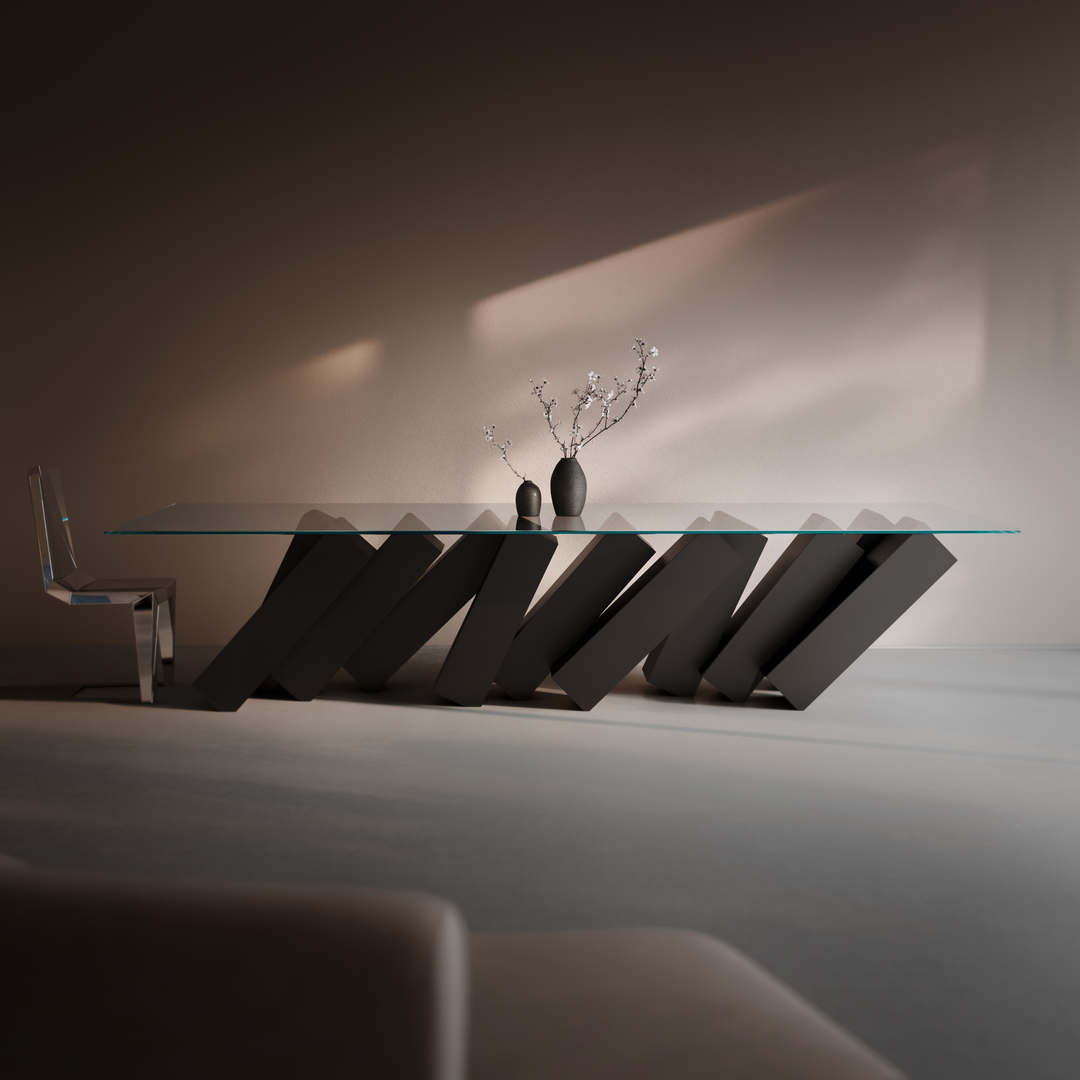 Duffy London Megalith Dining Table with angled black monolithic base and clear glass top, creating a gravity-defying illusion of collapsing architectural forms.