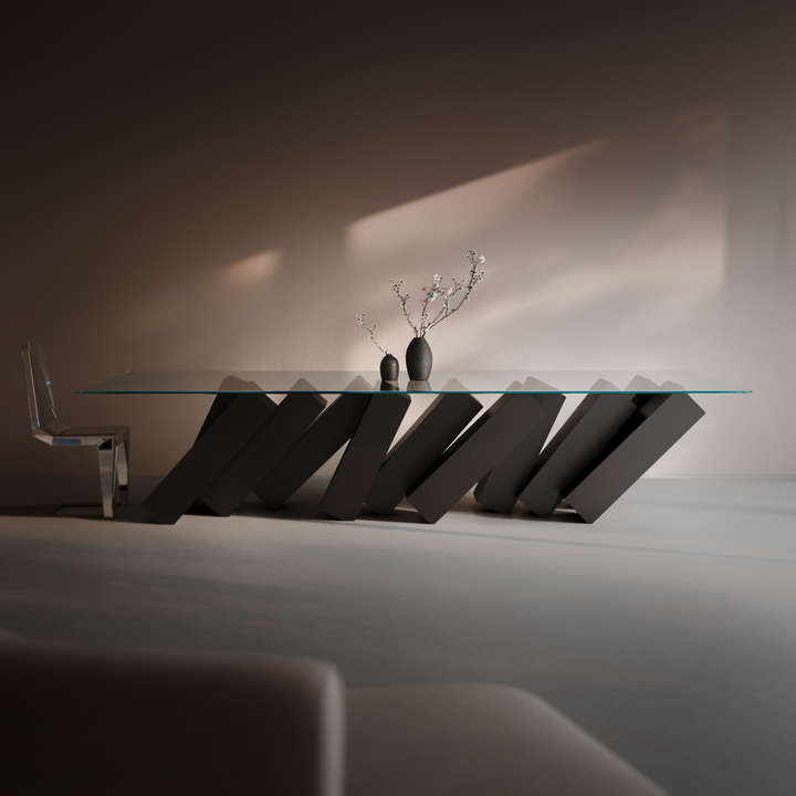 Duffy London Megalith Dining Table with angled black monolithic base and clear glass top, creating a gravity-defying illusion of collapsing architectural forms.