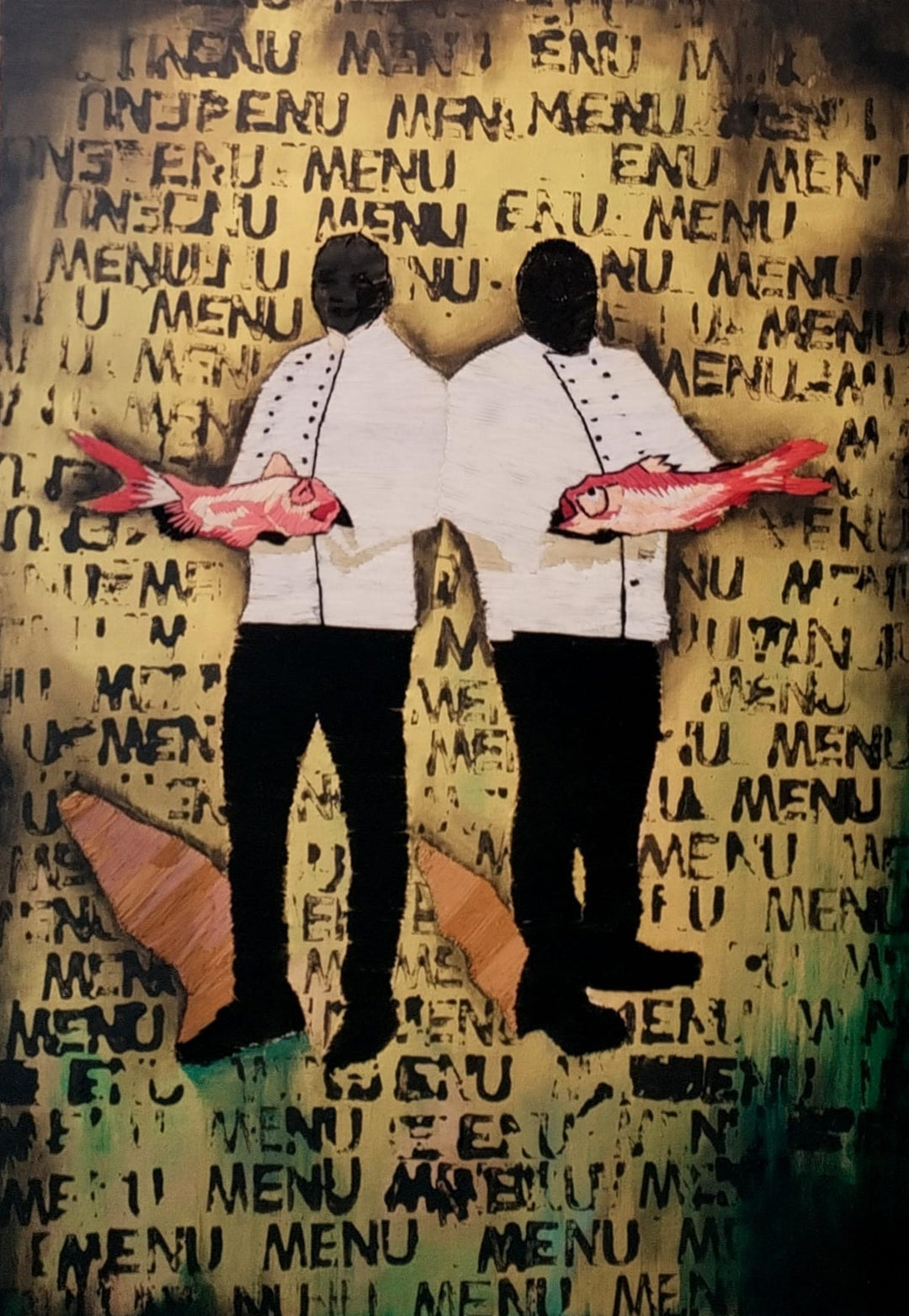 “Menu” by Helena Safari, embroidered and painted canvas featuring two faceless chefs in white uniforms holding bright red fish, standing against a gold and black background layered with repeated ‘MENU’ text, blending hand embroidery, print, and acrylic to explore choices, consequences, and the cost of decisions.