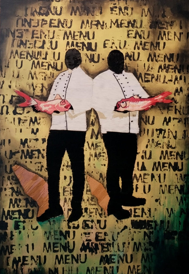 “Menu” by Helena Safari, embroidered and painted canvas featuring two faceless chefs in white uniforms holding bright red fish, standing against a gold and black background layered with repeated ‘MENU’ text, blending hand embroidery, print, and acrylic to explore choices, consequences, and the cost of decisions.