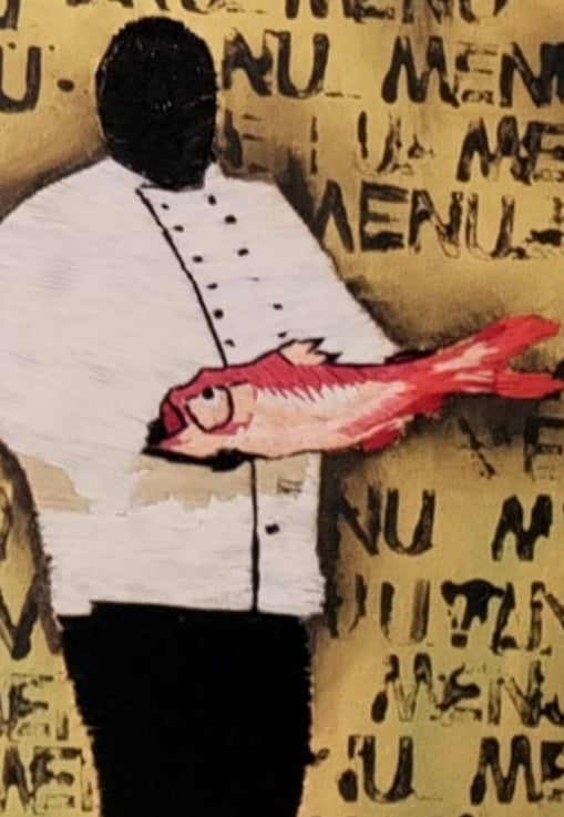 “Menu” by Helena Safari, embroidered and painted canvas featuring two faceless chefs in white uniforms holding bright red fish, standing against a gold and black background layered with repeated ‘MENU’ text, blending hand embroidery, print, and acrylic to explore choices, consequences, and the cost of decisions.