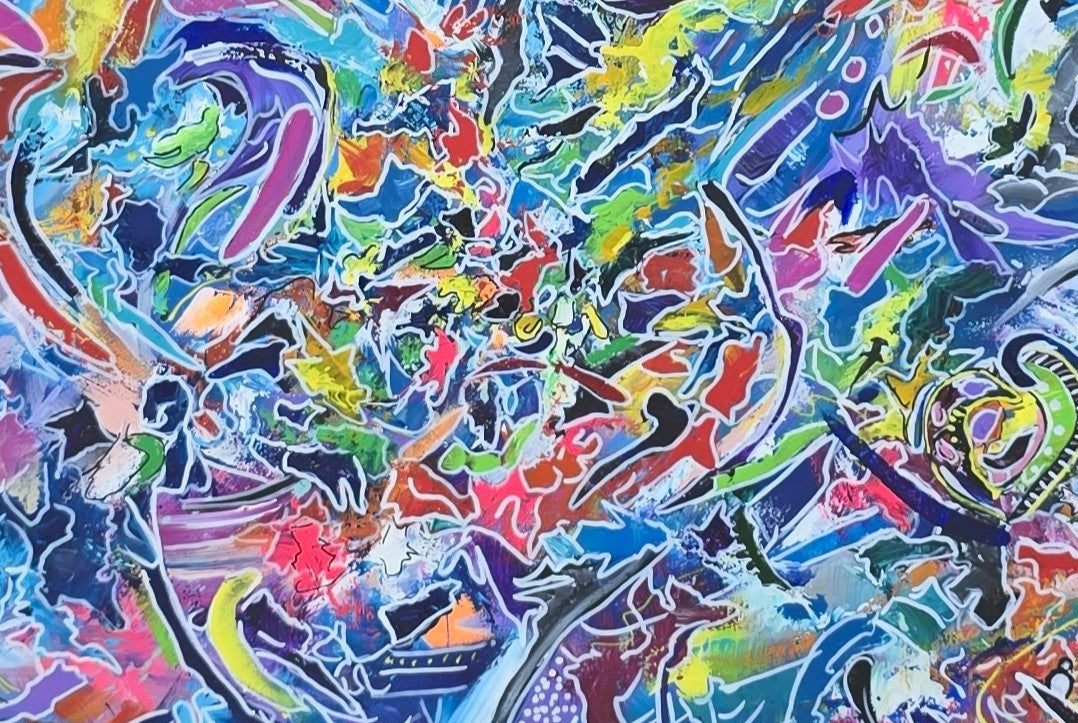 Vibrant large-scale abstract graffiti painting bursting with layered colour, bold sweeping lines and dynamic shapes against a bright blue background, framed in a white tray frame.