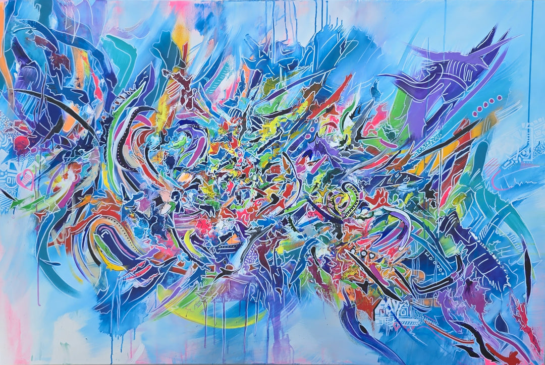 Vibrant large-scale abstract graffiti painting bursting with layered colour, bold sweeping lines and dynamic shapes against a bright blue background, framed in a white tray frame.