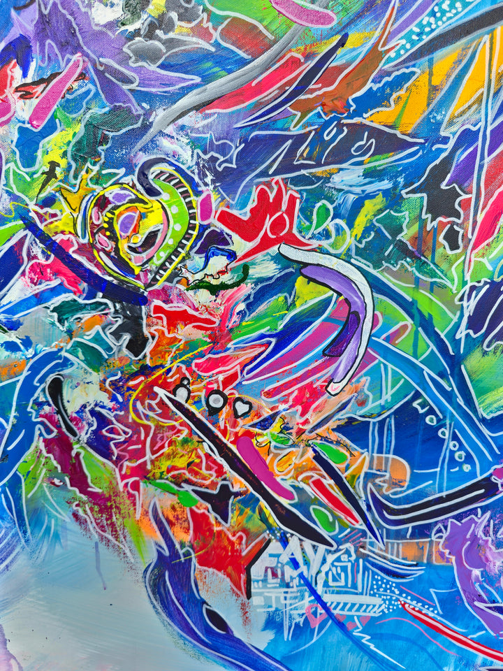 Vibrant large-scale abstract graffiti painting bursting with layered colour, bold sweeping lines and dynamic shapes against a bright blue background, framed in a white tray frame.