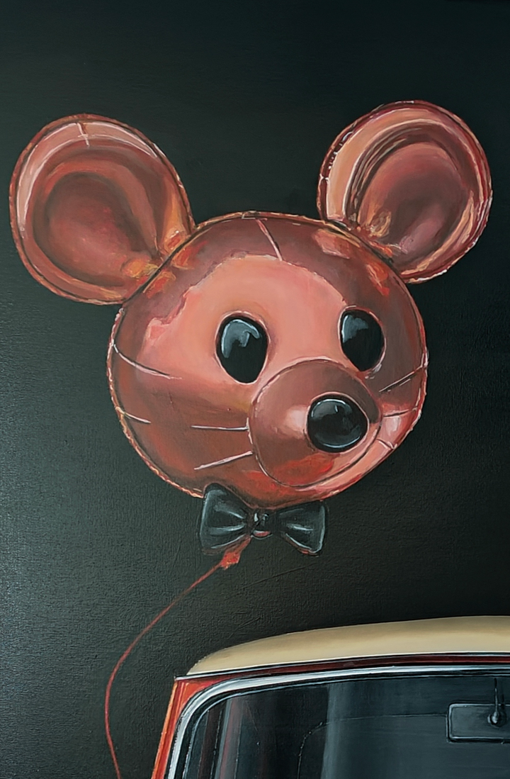 Hyperrealistic painting of a classic red Mini Cooper with cream roof viewed head-on, its grille and chrome bumpers gleaming against a deep black background. The bonnet bears a cream racing roundel with the number “007,” while above it floats a shiny pink mouse-shaped balloon with a black bow tie, tethered by a thin red string. Playful yet satirical, the scene humorously reimagines British motoring culture and spy glamour.