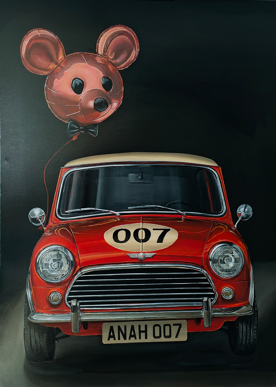 Hyperrealistic painting of a classic red Mini Cooper with cream roof viewed head-on, its grille and chrome bumpers gleaming against a deep black background. The bonnet bears a cream racing roundel with the number “007,” while above it floats a shiny pink mouse-shaped balloon with a black bow tie, tethered by a thin red string. Playful yet satirical, the scene humorously reimagines British motoring culture and spy glamour.
