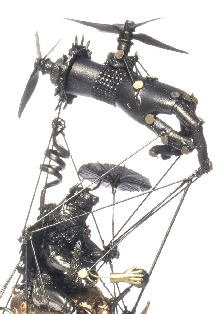 “Minotaur’s Homage to Dürer” by Andrew Stevens – a one-off steampunk sculpture created from recycled toys, metal, and engine parts. Features a winged Minotaur atop mechanical gears and bronze figures, finished in dark patina with fine industrial detail.