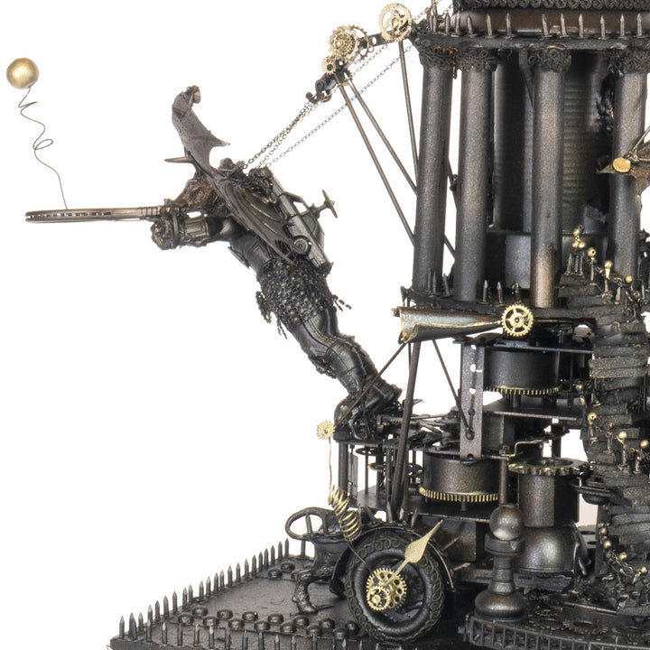 “Minotaurs’ Mobile Home” by Andrew Stevens – a one-off steampunk sculpture crafted from recycled metal, toys and wood. Featuring winged Minotaur figures amid gears and domed structures, finished in dark bronze patina with intricate mechanical detail.