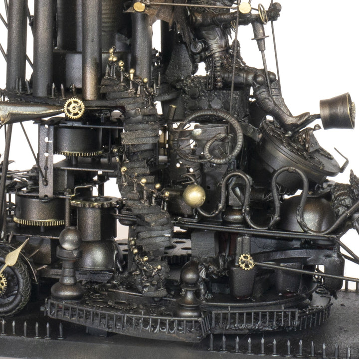 “Minotaurs’ Mobile Home” by Andrew Stevens – a one-off steampunk sculpture crafted from recycled metal, toys and wood. Featuring winged Minotaur figures amid gears and domed structures, finished in dark bronze patina with intricate mechanical detail.