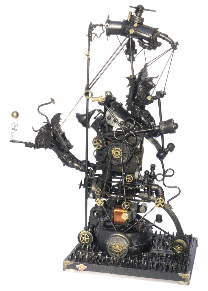 “Minotaurs and the First Electric Car” by Andrew Stevens – a one-off steampunk sculpture crafted from recycled materials, gears, and engine parts. Features winged Minotaur figures within a mechanical structure finished in bronze patina.