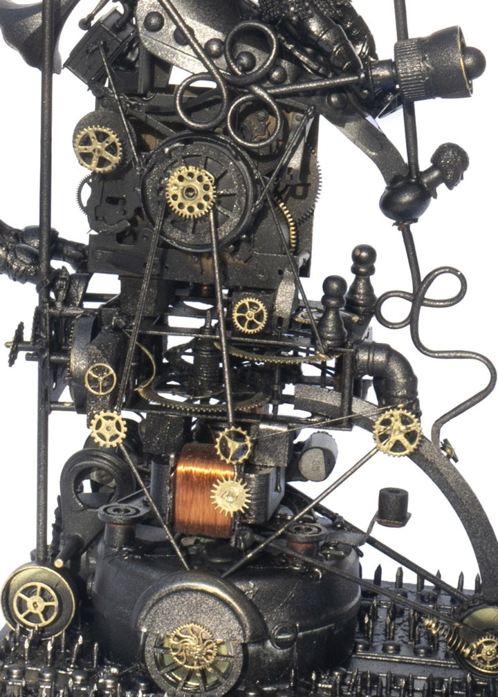 “Minotaurs and the First Electric Car” by Andrew Stevens – a one-off steampunk sculpture crafted from recycled materials, gears, and engine parts. Features winged Minotaur figures within a mechanical structure finished in bronze patina.