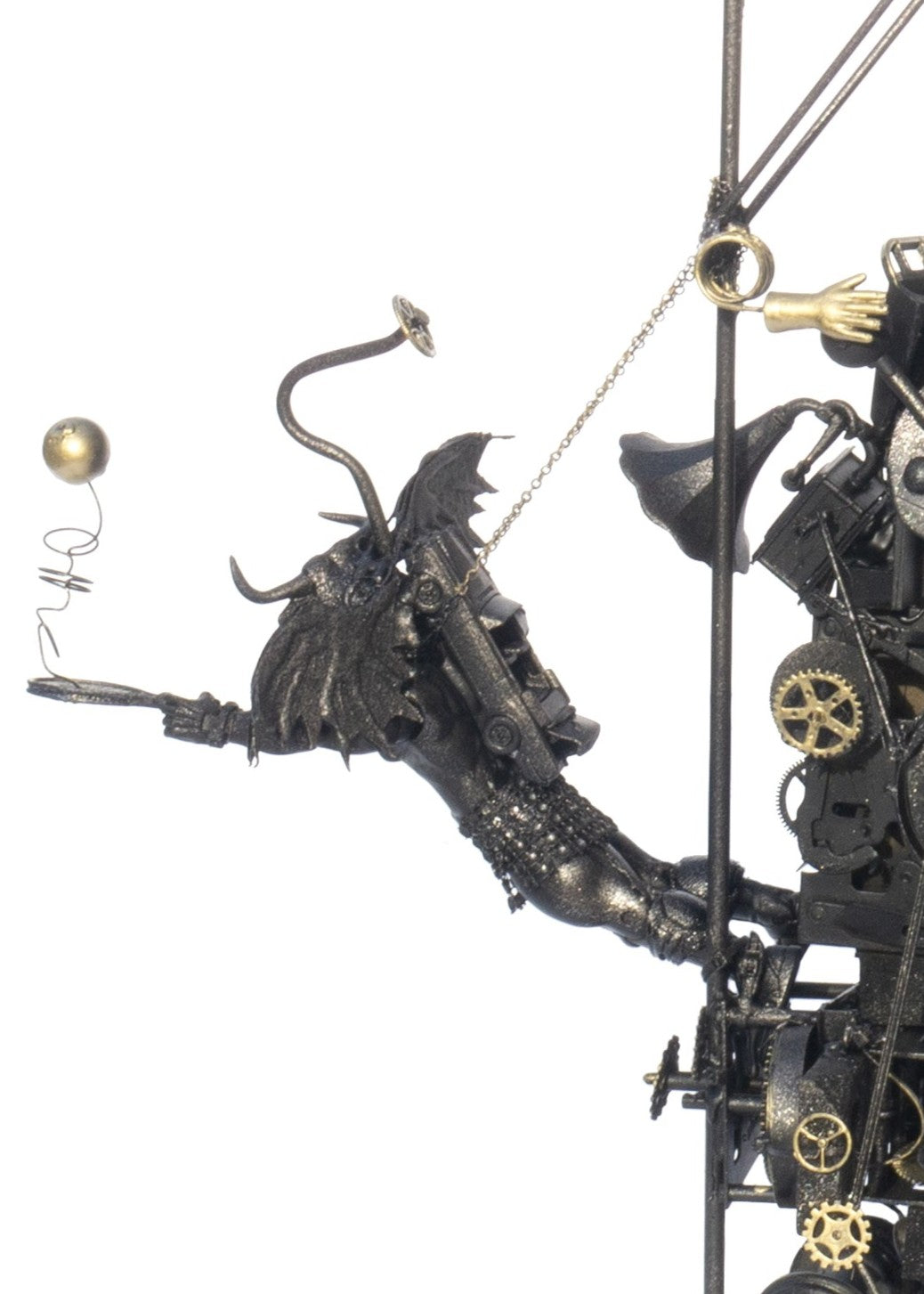 “Minotaurs and the First Electric Car” by Andrew Stevens – a one-off steampunk sculpture crafted from recycled materials, gears, and engine parts. Features winged Minotaur figures within a mechanical structure finished in bronze patina.