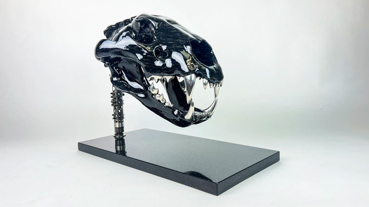 A striking, polished carbon fibre lion skull sculpture by Alastair Gibson, crafted with Mokume-style carbon layup for a swirling, chaotic texture. The jaw is fitted with gleaming bismuth alloy teeth. Mounted on a genuine F1 gearbox selector barrel atop a granite base, the work merges natural form with elite motorsport engineering.