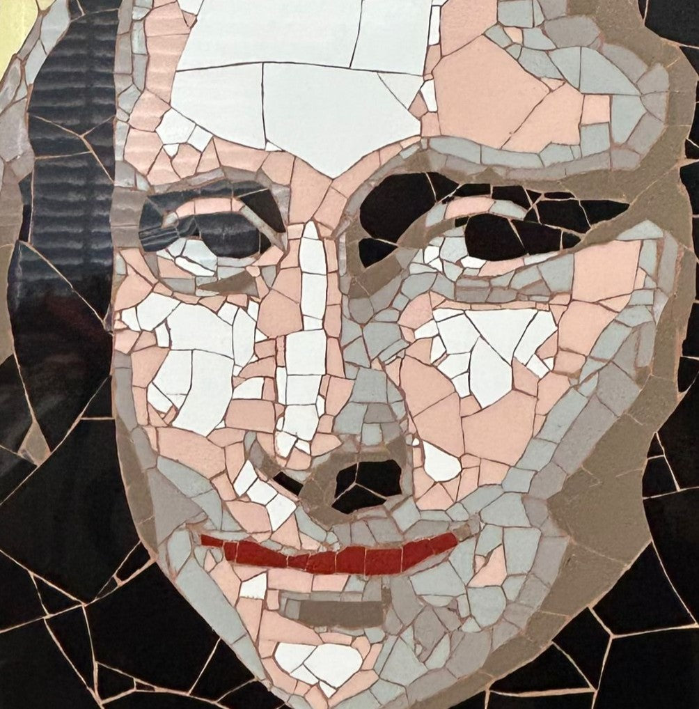 Ed Chapman Mosaic portrait of the Mona Lisa constructed from precisely cut ceramic tiles, with angular fragments forming the face, hair and clothing through subtle tonal shifts, set against a bold yellow background and creating a structured, tactile surface with visible tile joins and rhythmic patterning.