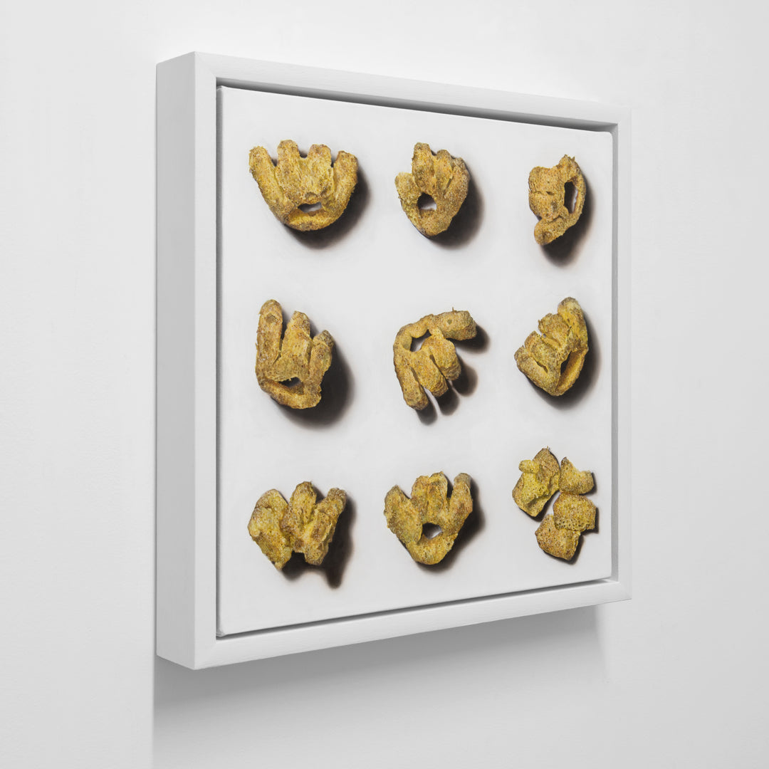 Roast Beef Monster Munch by Simon Taylor – photorealistic oil painting of nine golden, textured crisp snacks arranged in a grid on a white ground, each piece casting soft shadows, celebrating everyday British culture through hyper-detailed wall art.