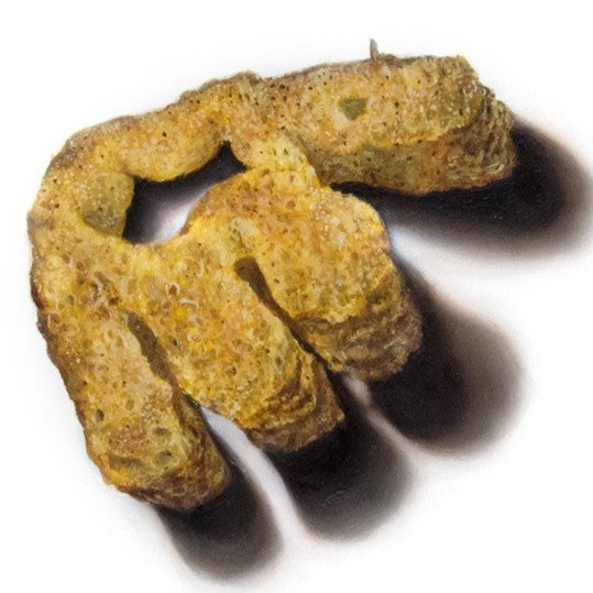 Roast Beef Monster Munch by Simon Taylor – photorealistic oil painting of nine golden, textured crisp snacks arranged in a grid on a white ground, each piece casting soft shadows, celebrating everyday British culture through hyper-detailed wall art.