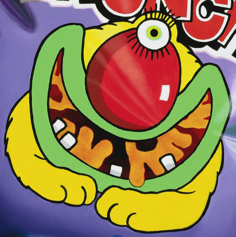 Kelly-Anne Davitt Monster Munch hyperreal oil painting on canvas depicting a glossy Pickled Onion Monster Munch crisp packet with bold purple packaging and playful graphic illustration.