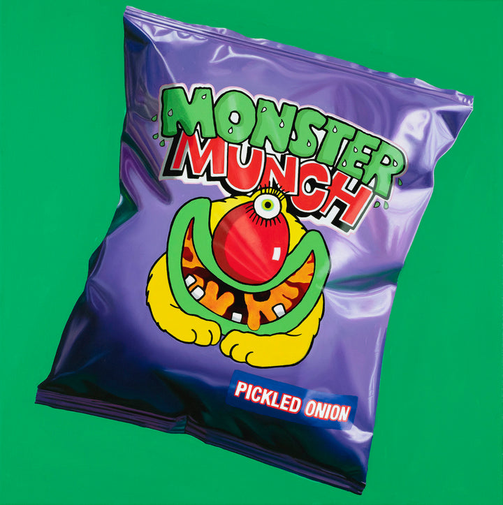 Kelly-Anne Davitt Monster Munch hyperreal oil painting on canvas depicting a glossy Pickled Onion Monster Munch crisp packet with bold purple packaging and playful graphic illustration.