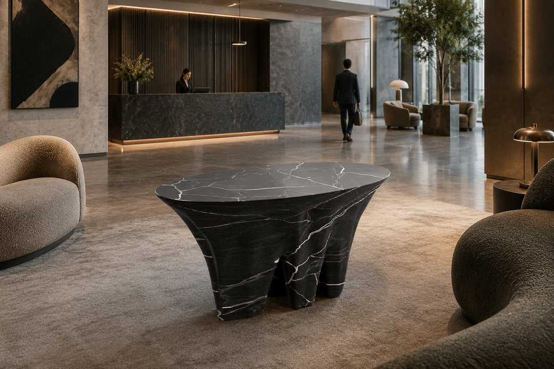 Duffy London Monument Valley Dining Table carved from marble with sculptural canyon-like base and glass top, inspired by natural rock formations.