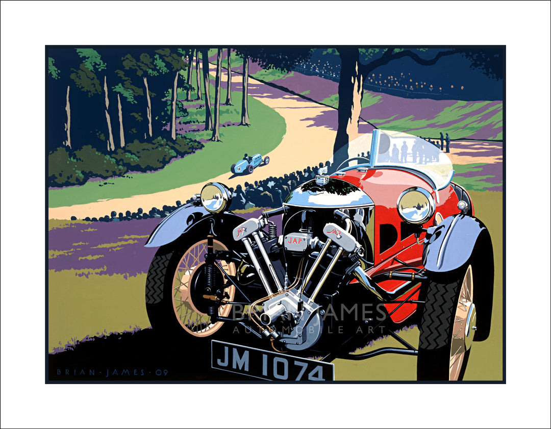 Stylised racing artwork of a vintage Morgan three-wheeler car in a countryside motorsport scene.


