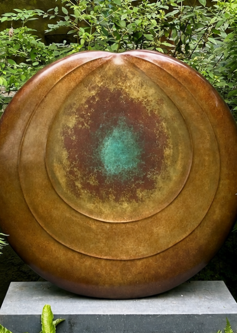 Circular bronze sculpture by Dominic Welch, Aurorean Moon, featuring a layered, concentric form with a glowing turquoise-green patina at its centre, radiating outwards into rich bronze and earthy red-gold tones. A refined limited-edition work blending celestial inspiration with organic presence.