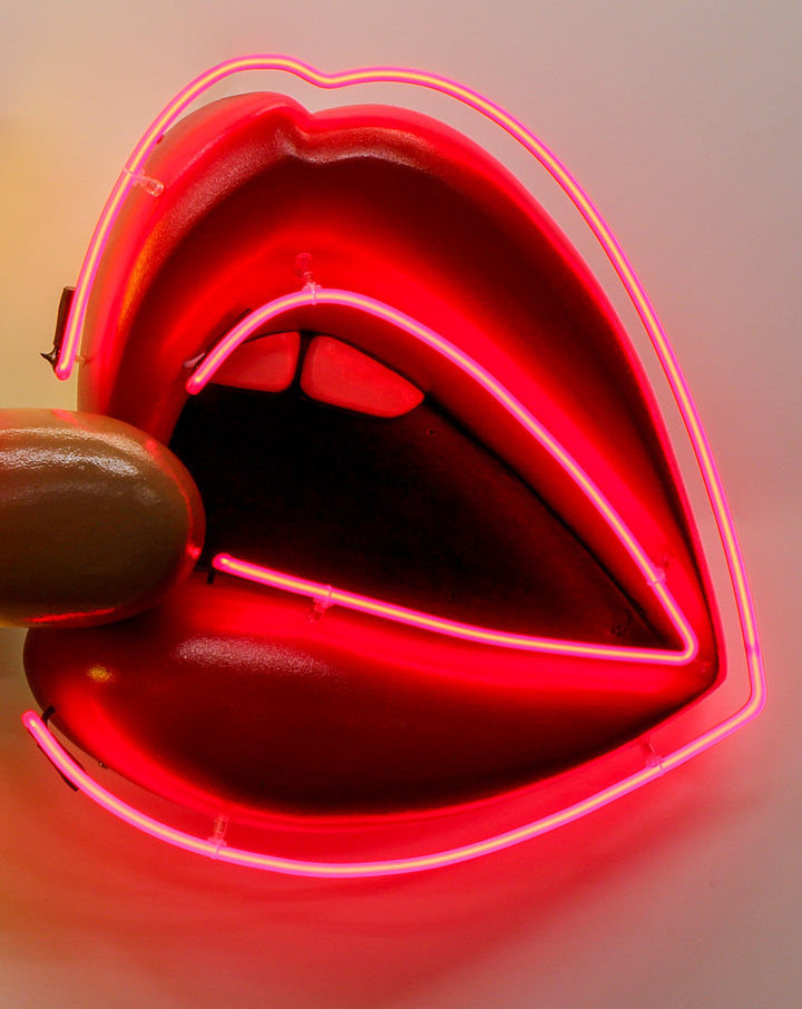Playful neon wall art by Chris Bracey featuring a hot dog with the words “HOT Licks” in glowing yellow and pink neon, paired with a bold red neon mouth and lips design. Sculptural elements include a fabricated hot dog and 3D lips, combining humour and innuendo in classic Bracey style.