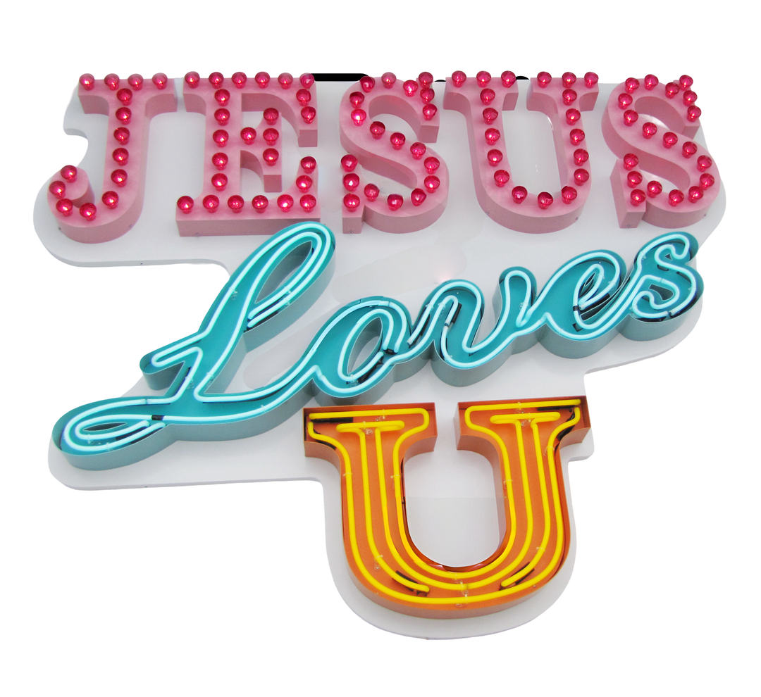 Vibrant neon wall piece by Chris Bracey featuring the phrase “Jesus Loves U” in illuminated pink, turquoise, and yellow. Constructed with powder-coated metal letters, LED bulbs with cabochon caps, and neon glass detailing for a bold, uplifting statement.