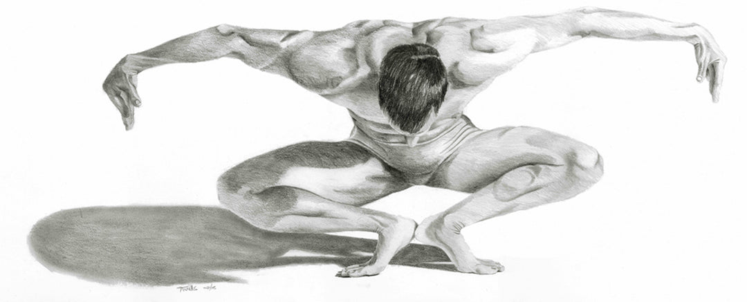 Large bronze sculpture of a crouching male figure, arms extended and head bowed, balanced on the edge of an angled rusted steel plinth. The figure’s green patinated surface contrasts with the warm, textured tones of the steel base. Muscular detail and tension in the pose evoke focus, strength, and introspection. Displayed both indoors against gallery walls and outdoors in a garden setting, the work captures light and shadow across the form, emphasising anatomical realism and expressive movement.