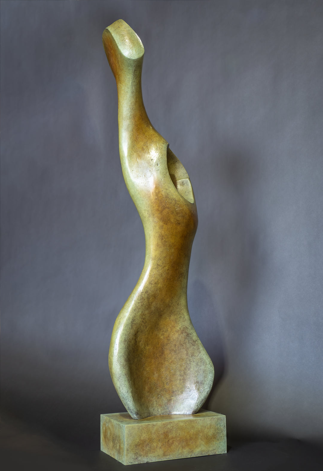 Bone Form IV — abstract bronze sculpture by Nicola Godden inspired by the natural curves and hollows of animal bone. The piece has a tall, sinuous form with a hollowed centre, organic surface texture and warm bronze patina shifting from earthy brown to soft green and gold highlights. Displayed outdoors on a one-metre timber plinth against a bright blue sky and winter landscape.