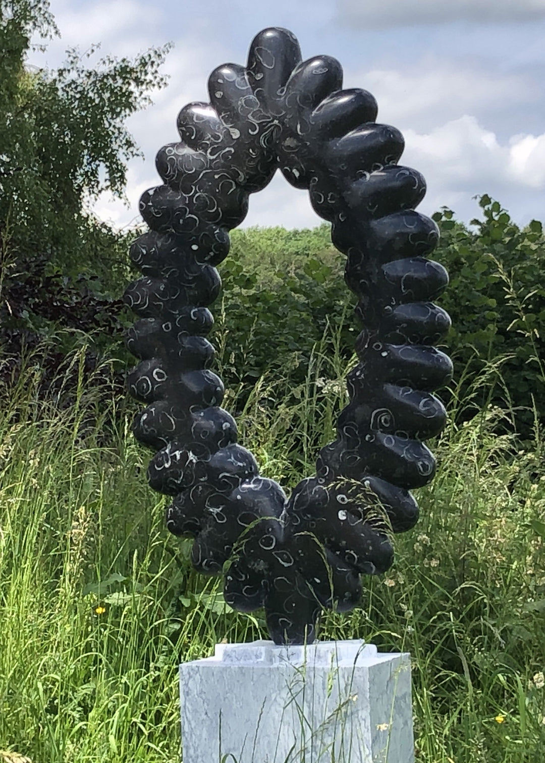 ‘Night Time Stories’ by Nicholas Moulton, a unique contemporary abstract stone sculpture carved from black Kilkenny Fossil Limestone, featuring an upright oval formation of interconnected, smooth, rounded organic shapes. The polished black limestone reveals distinctive natural grey and white fossil markings across its surface. Standing on a tall rectangular Portuguese marble pedestal in pale white and grey, the sculpture creates a contrast between the dark stone and light marble base, photographed in a land