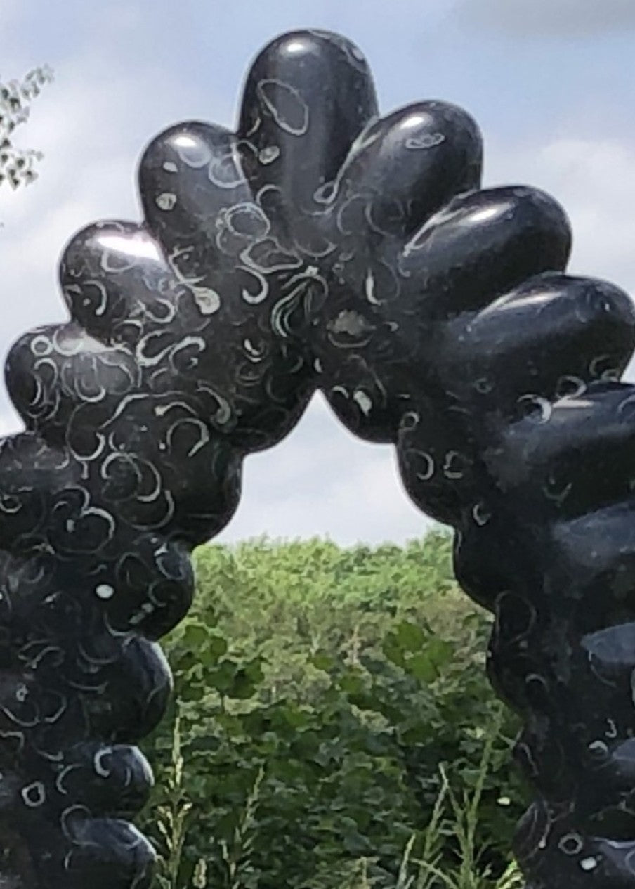 ‘Night Time Stories’ by Nicholas Moulton, a unique contemporary abstract stone sculpture carved from black Kilkenny Fossil Limestone, featuring an upright oval formation of interconnected, smooth, rounded organic shapes. The polished black limestone reveals distinctive natural grey and white fossil markings across its surface. Standing on a tall rectangular Portuguese marble pedestal in pale white and grey, the sculpture creates a contrast between the dark stone and light marble base, photographed in a land