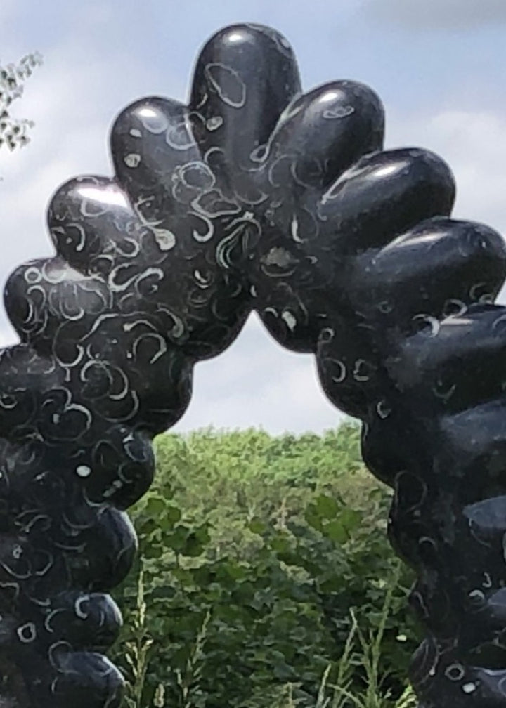 ‘Night Time Stories’ by Nicholas Moulton, a unique contemporary abstract stone sculpture carved from black Kilkenny Fossil Limestone, featuring an upright oval formation of interconnected, smooth, rounded organic shapes. The polished black limestone reveals distinctive natural grey and white fossil markings across its surface. Standing on a tall rectangular Portuguese marble pedestal in pale white and grey, the sculpture creates a contrast between the dark stone and light marble base, photographed in a land