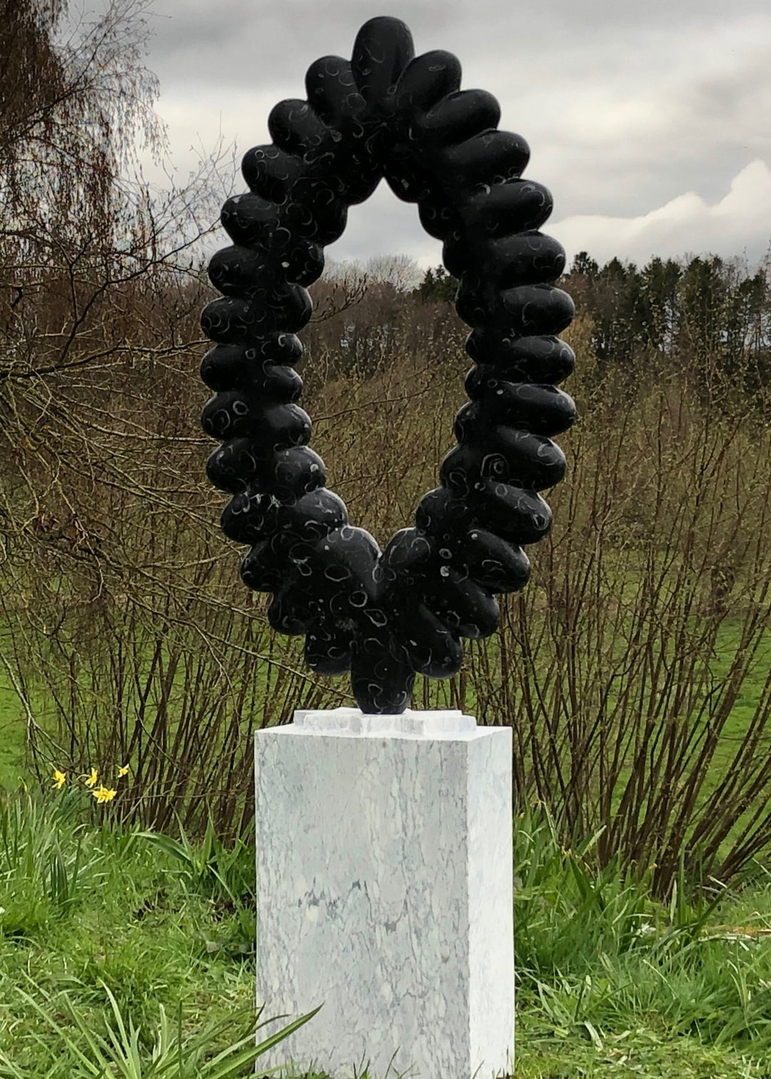 ‘Night Time Stories’ by Nicholas Moulton, a unique contemporary abstract stone sculpture carved from black Kilkenny Fossil Limestone, featuring an upright oval formation of interconnected, smooth, rounded organic shapes. The polished black limestone reveals distinctive natural grey and white fossil markings across its surface. Standing on a tall rectangular Portuguese marble pedestal in pale white and grey, the sculpture creates a contrast between the dark stone and light marble base, photographed in a land