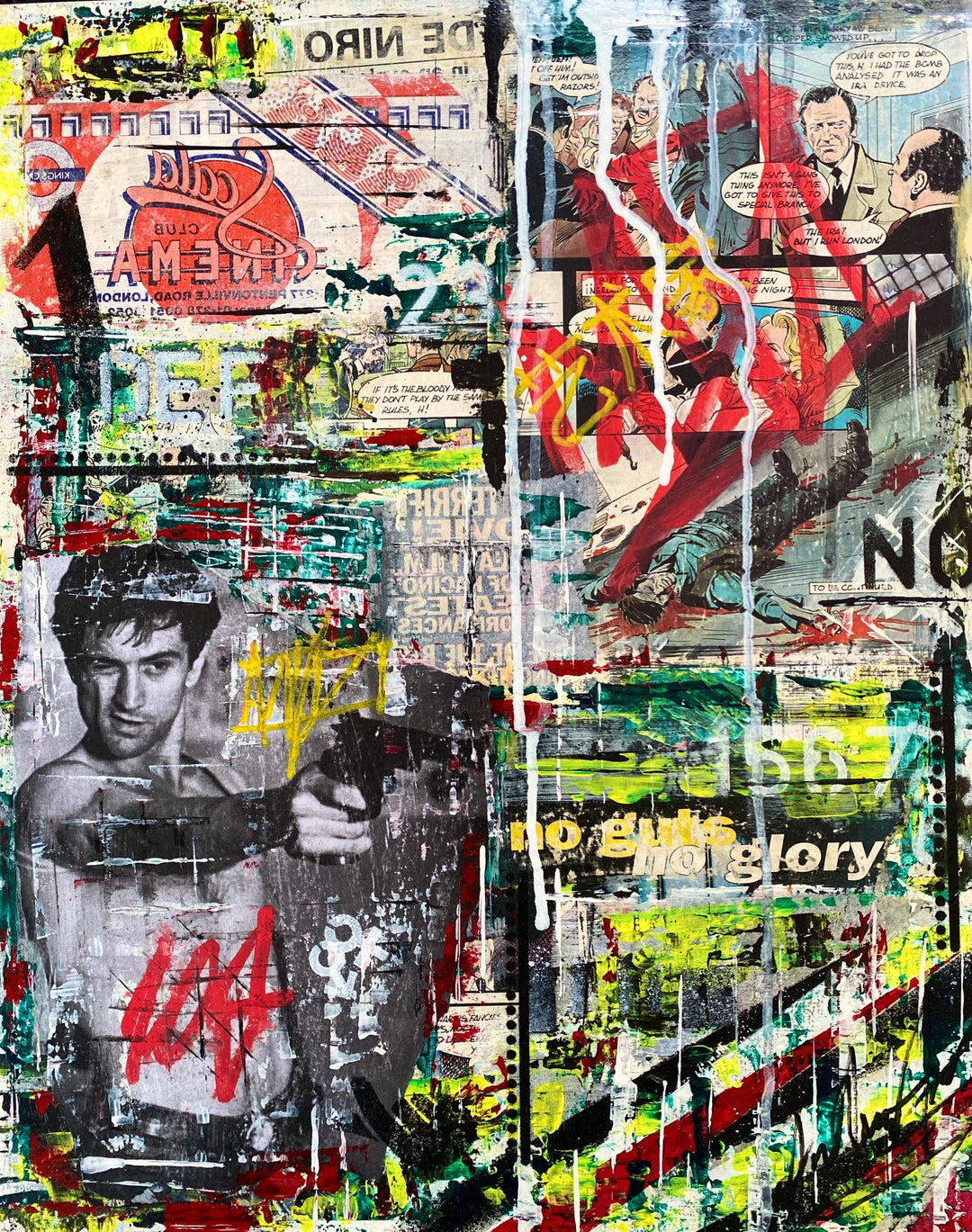 “No Guts No Glory by Andolini Art – mixed media artwork on board with collage, graffiti and pop culture references, featuring Robert De Niro with a gun, comic book panels, bold stencilled text, layered paint, and colours red, yellow, green, black and white.”