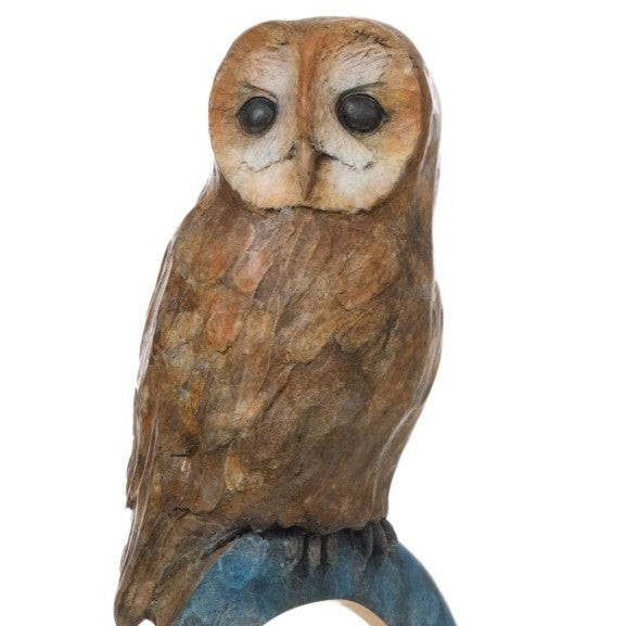 ‘Nocturne’ by Pat Bull, a limited-edition contemporary bronze wildlife sculpture depicting a tawny owl perched on top of a large upright circular bronze ring. The owl features a rounded, heart-shaped facial disc in cream and warm beige, prominent dark eyes and detailed feathers finished in earthy brown and bronze tones. The open ring features a mottled turquoise, teal and blue-green patina with a contrasting polished golden inner edge, mounted on a small rectangular bronze base against a white background.