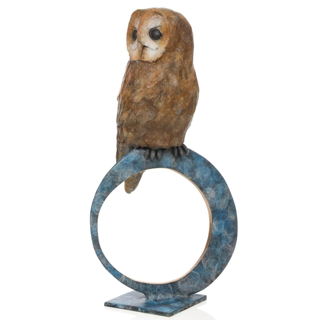 ‘Nocturne’ by Pat Bull, a limited-edition contemporary bronze wildlife sculpture depicting a tawny owl perched on top of a large upright circular bronze ring. The owl features a rounded, heart-shaped facial disc in cream and warm beige, prominent dark eyes and detailed feathers finished in earthy brown and bronze tones. The open ring features a mottled turquoise, teal and blue-green patina with a contrasting polished golden inner edge, mounted on a small rectangular bronze base against a white background.