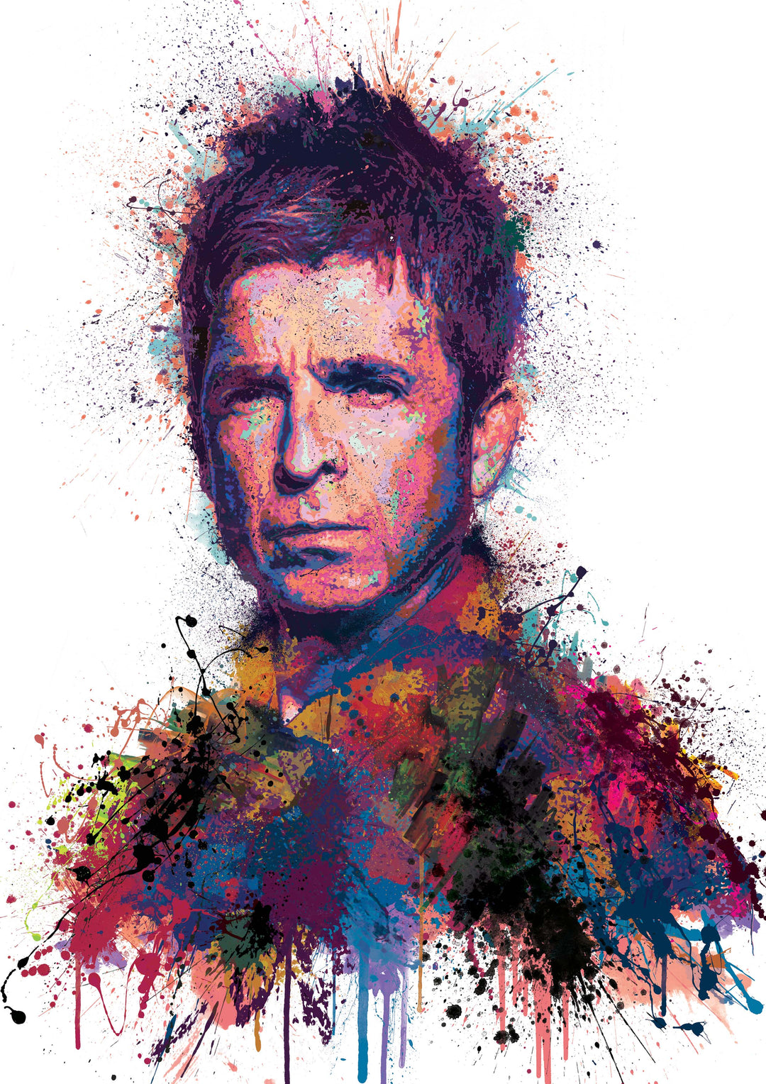 Explosive hand-embellished portrait of Noel Gallagher in vivid splatter paint style, with expressive colour bursts and layered textures printed on fine art paper.
