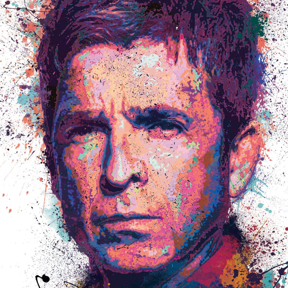 Explosive hand-embellished portrait of Noel Gallagher in vivid splatter paint style, with expressive colour bursts and layered textures printed on fine art paper.