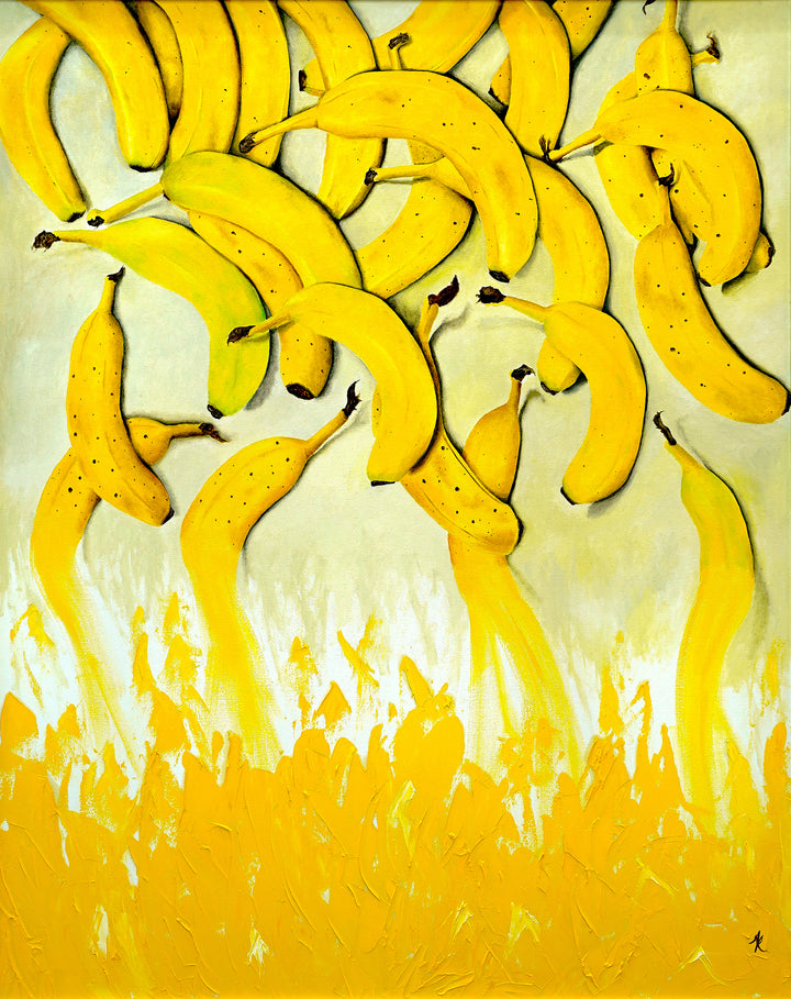 A vibrant yellow contemporary painting featuring multiple realistic bananas scattered across the upper canvas, transitioning into bold, abstract textured yellow strokes at the bottom, blending realism with expressive painterly movement.
