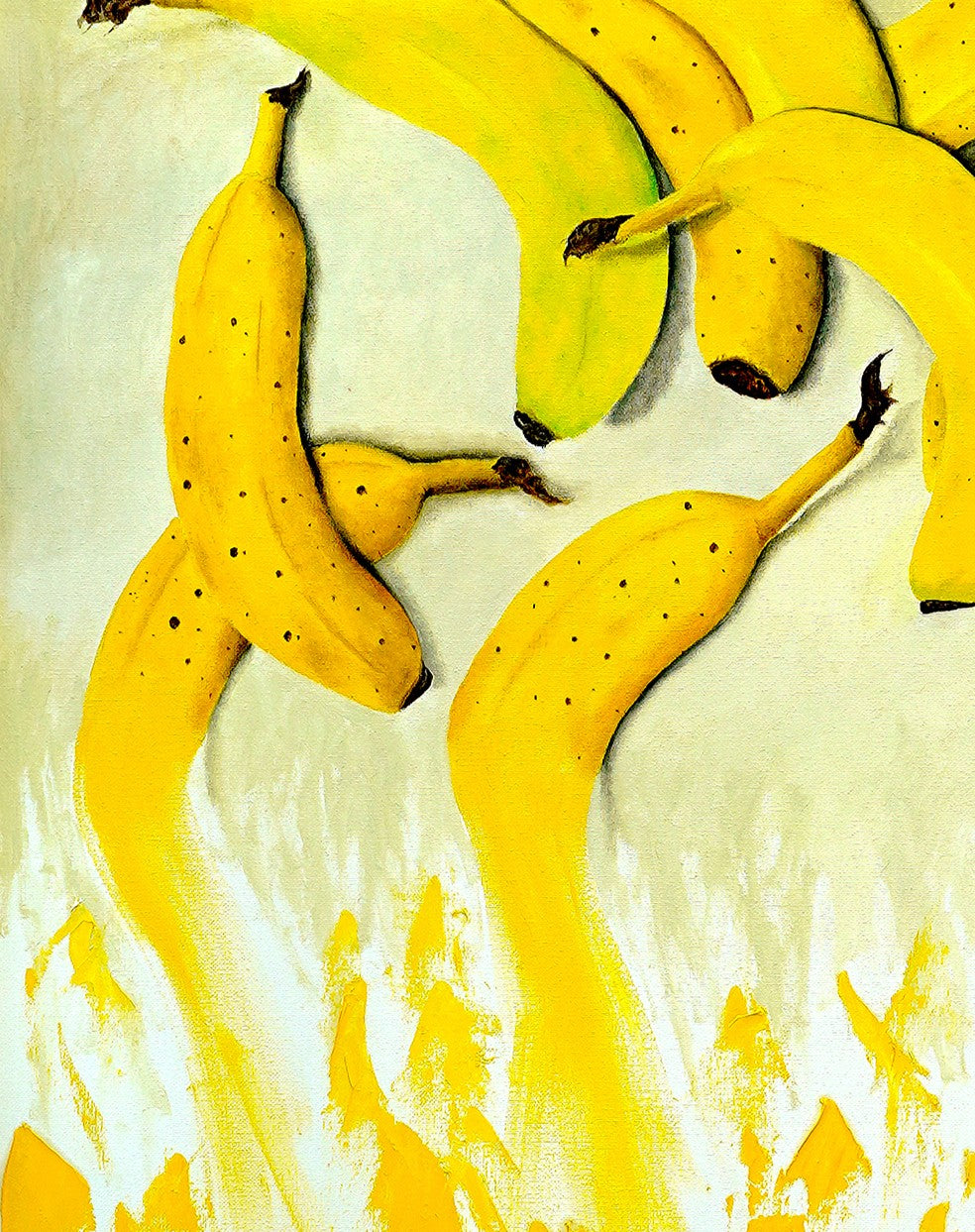 A vibrant yellow contemporary painting featuring multiple realistic bananas scattered across the upper canvas, transitioning into bold, abstract textured yellow strokes at the bottom, blending realism with expressive painterly movement.