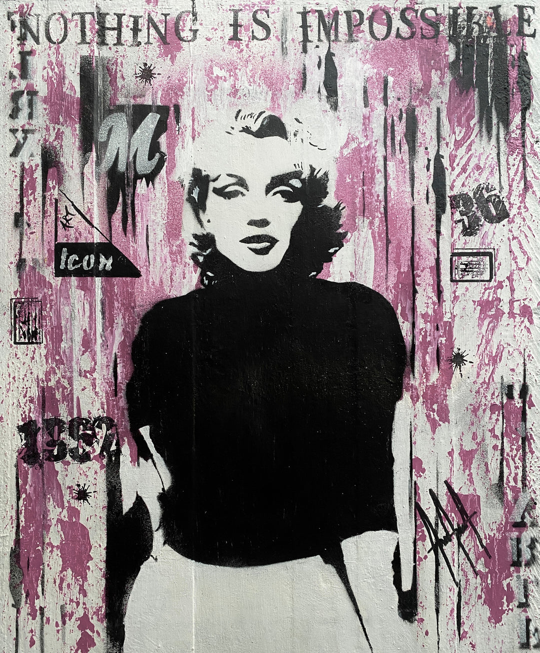 “Nothing is Impossible by Andolini Art – mixed media graffiti portrait of Marilyn Monroe in bold black stencil against distressed pink and white background, layered with text, symbols and urban street art textures.”