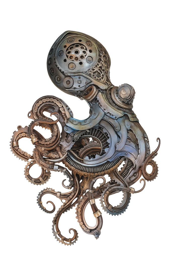 Intricate octopus sculpture crafted from reclaimed metal and gears, blending steampunk style with marine form.