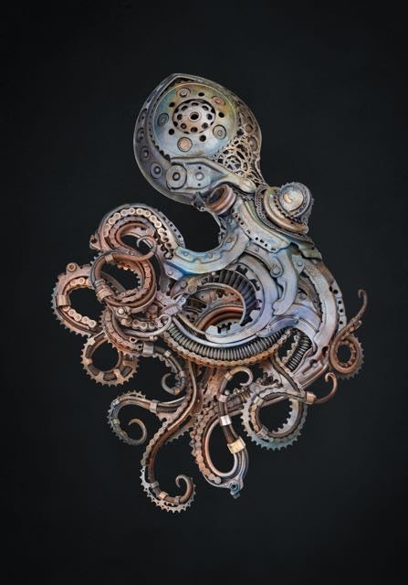 Intricate octopus sculpture crafted from reclaimed metal and gears, blending steampunk style with marine form.