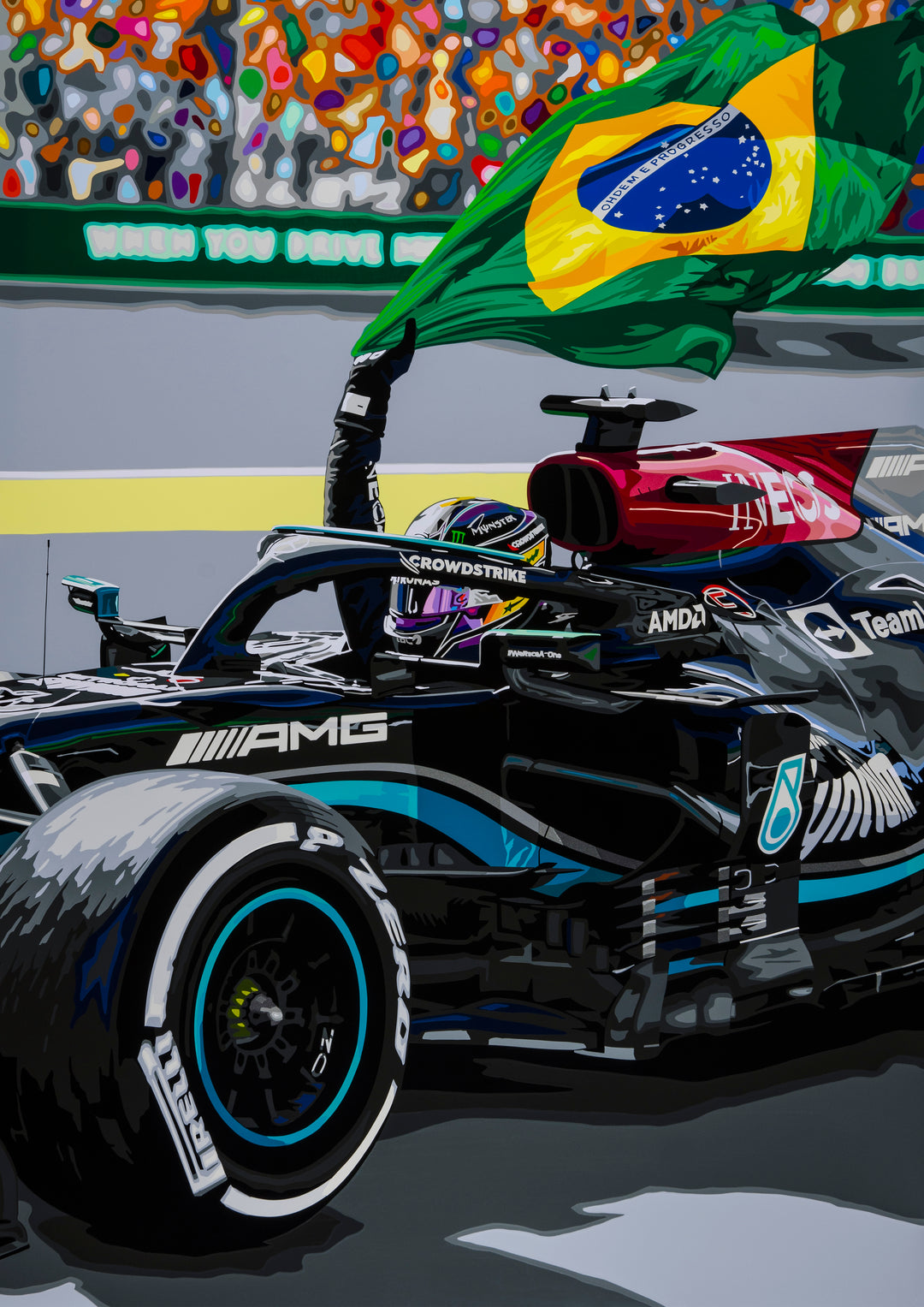 Stylised artwork of Formula 1 car driver  Ayrton Senna holding Brazilian flag in victory lap.