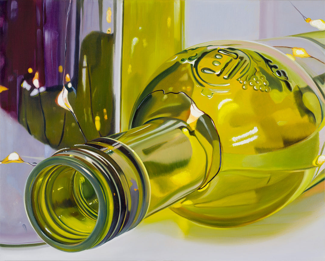 Hyperrealist painting of a yellow-green glass bottle lying on its side with fairy lights reflecting off its surface