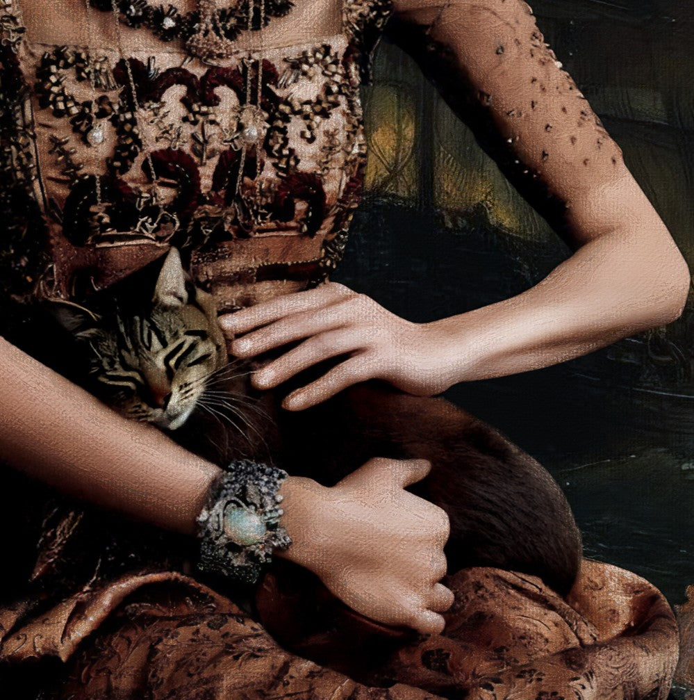 Oracle of the Tides by Catarina Diaz, an original fine art collage and oil on canvas in an antique frame, depicting an opulent female figure with feline companions, storm-lit seas, a sailing ship, and golden maritime instruments, merging heritage, myth, and Rococo splendour.