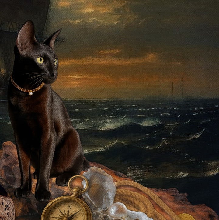 Oracle of the Tides by Catarina Diaz, an original fine art collage and oil on canvas in an antique frame, depicting an opulent female figure with feline companions, storm-lit seas, a sailing ship, and golden maritime instruments, merging heritage, myth, and Rococo splendour.