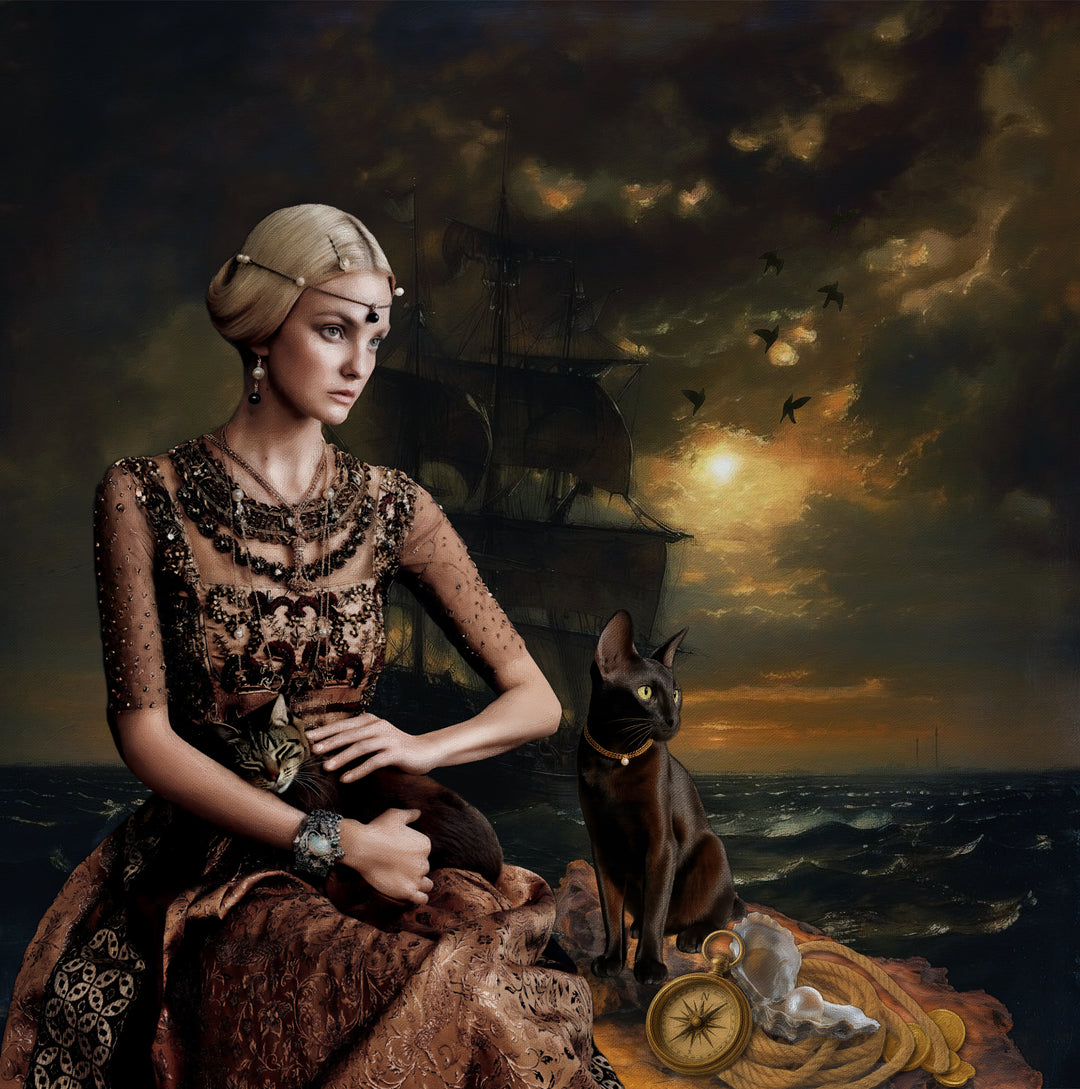Oracle of the Tides by Catarina Diaz, an original fine art collage and oil on canvas in an antique frame, depicting an opulent female figure with feline companions, storm-lit seas, a sailing ship, and golden maritime instruments, merging heritage, myth, and Rococo splendour.