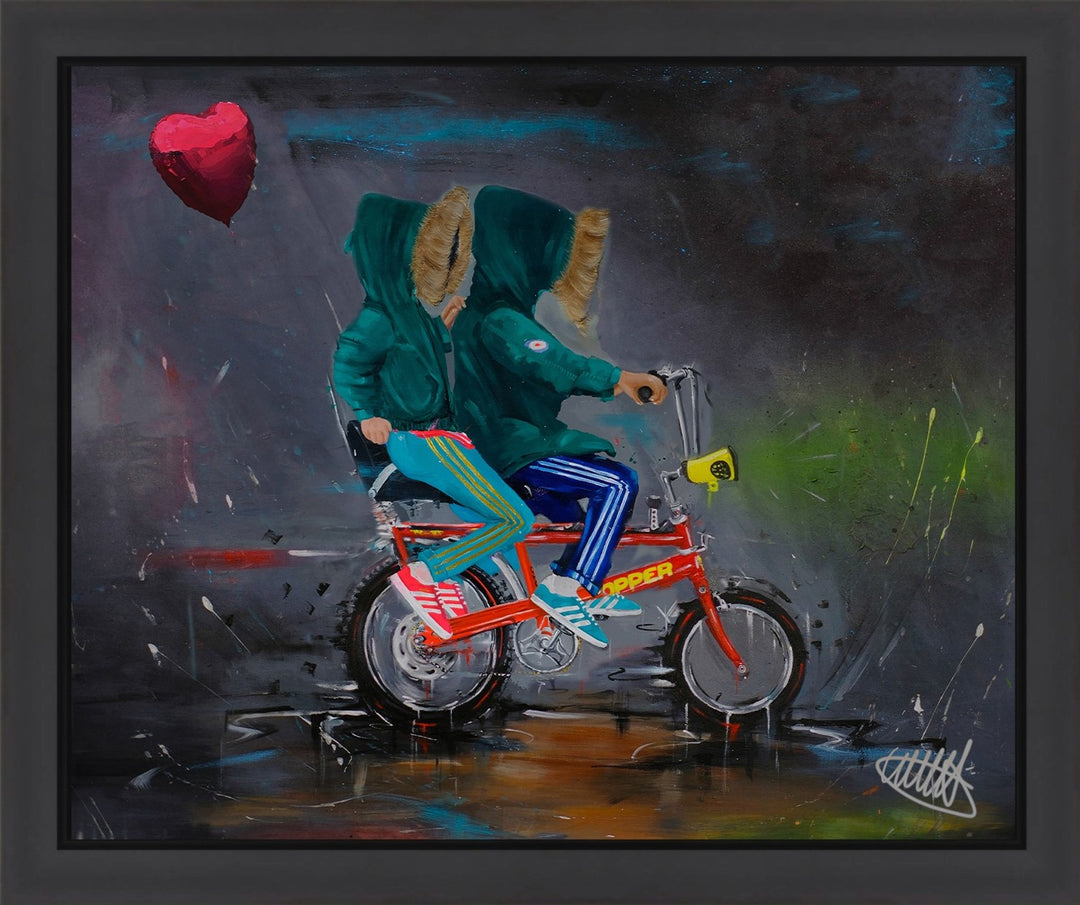 Original painting “Croggy Chopper” by Wild Seeley — nostalgic British urban street scene with two hooded riders on a red Raleigh Chopper bike, one perched on the handlebars, dark moody background with spray textures and a floating red heart balloon adding playful rebellion.