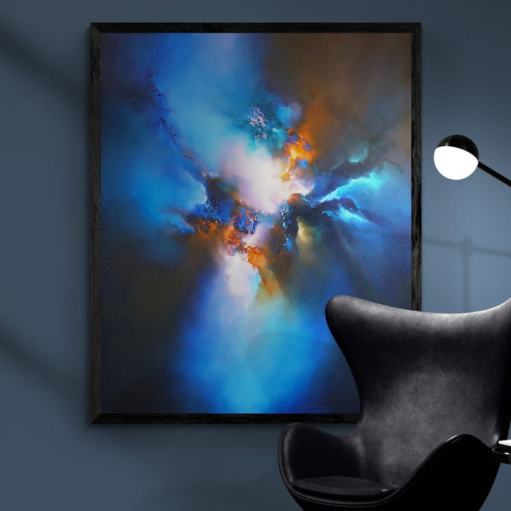 Origins by Simon Kenny — a dramatic abstract oil painting blending deep blues, radiant whites, and fiery orange tones in a dynamic, cosmic burst of colour and atmospheric movement.
